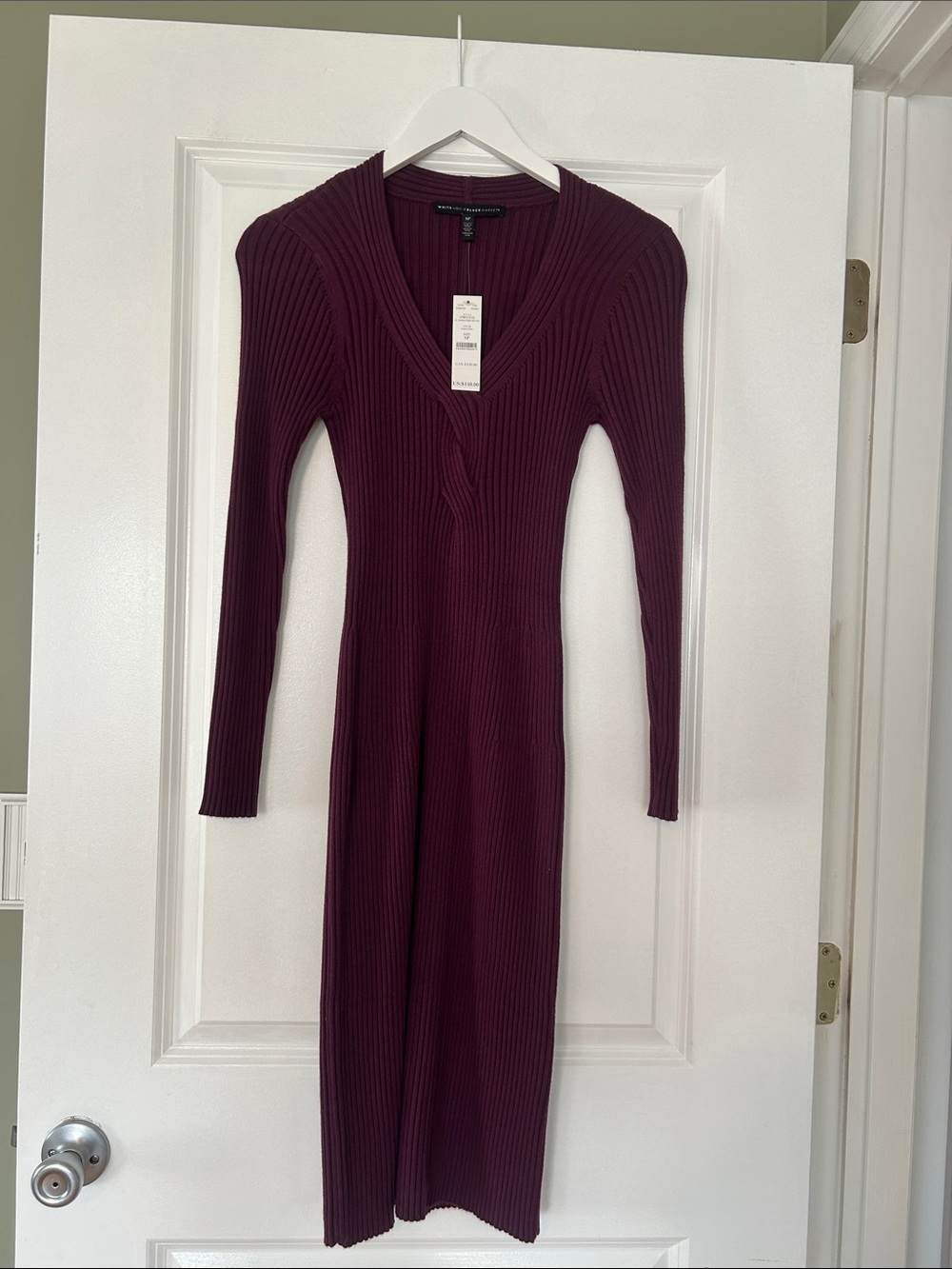White House Black Market Plum Ribbed V-Neck Long Sleeve Midi Dress